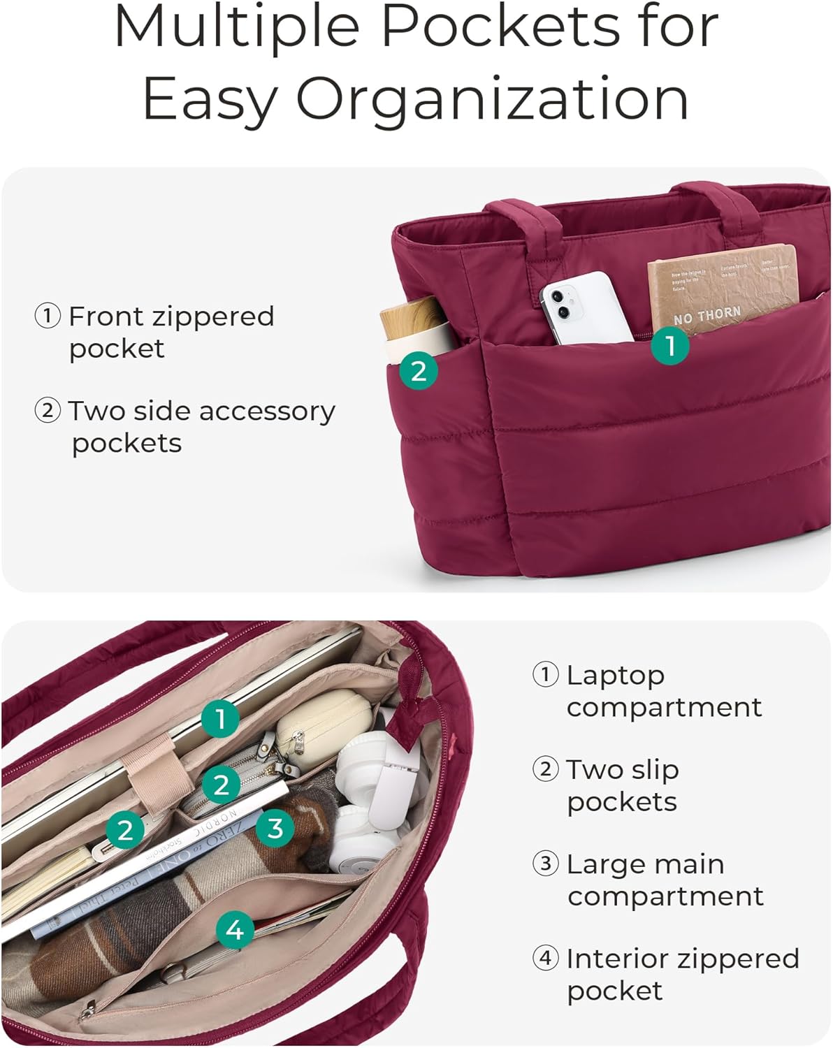 BAGSMART Tote Bag for Women, Lightweight Puffy Tote Bag with Compartments Shoulder Bag Handbag for Travel, Work, Gym,