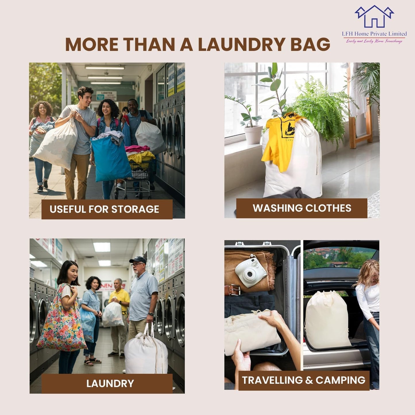 LFH Home Cotton Canvas Large Laundry Bag with Handle, Heavy Duty Drawstring Closure Washable Laundry Bags, School Travel, Home, Hotel, College Dorm, Organizer Sack, Toy Clothes 24x36 (Pack of 4)-White