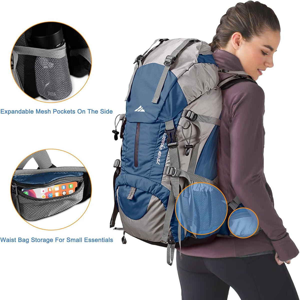 Loowoko 50L Hiking Backpack, Waterproof Camping Essentials Bag with Rain Cover, 45+5 Liter Lightweight Backpacking Back Pack - Roamly