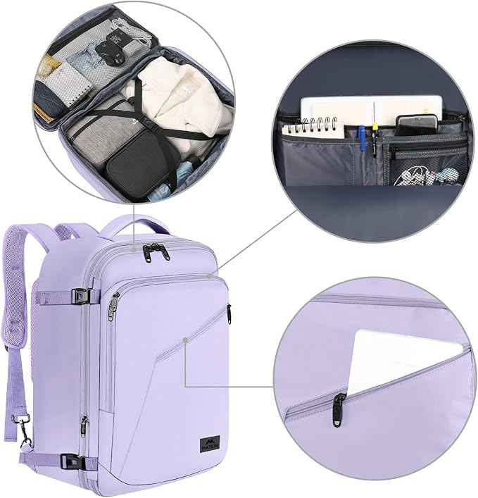 MATEIN Purple Backpack, Extra Large Travel Backpack for Women, Expandable Suitcase for Hiking Camping Gym, Water Resistant Carryon Daypack for Travelling, Cute Gifts, Light Purple