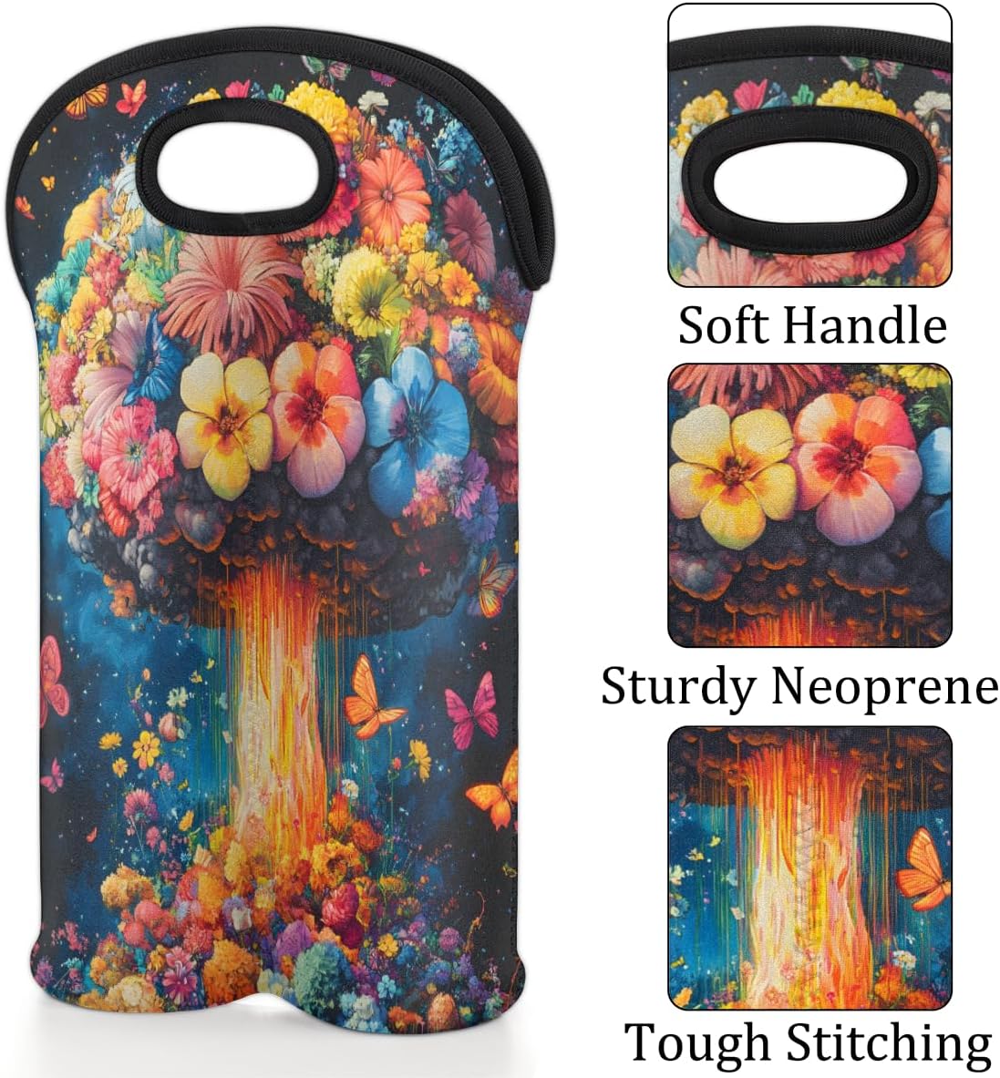 Neoprene Wine Tote, Bottle Carrier Gag Insulating Neoprene Thicker, Insulated Wine Bag for Travel Holds Two Bottles, Bottle Carrier Bags Protect the Bottles, Mushroom Flower