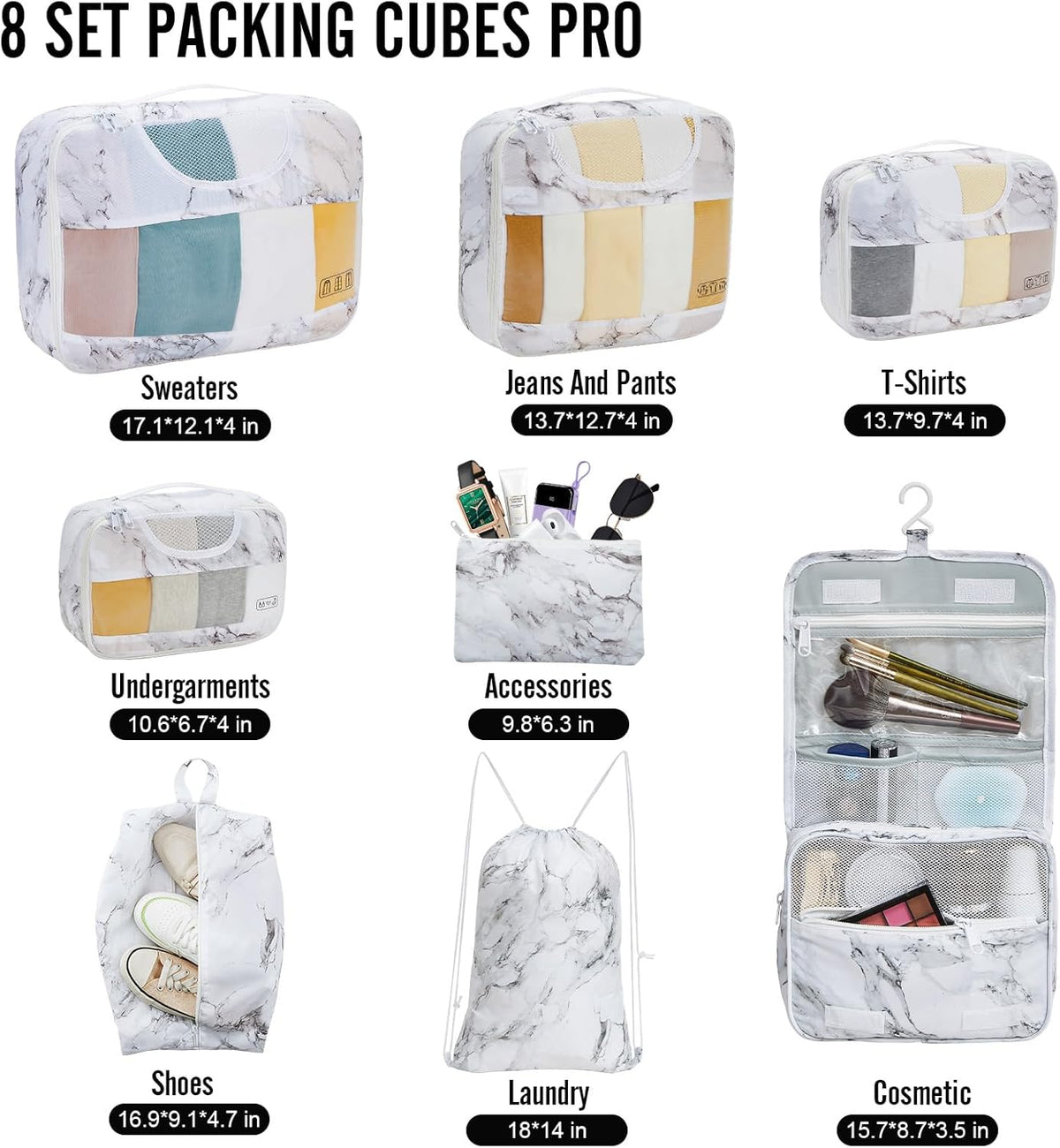 Veken 8 Set Packing Cubes for Travel Essentials, Suitcase Organizer Bags in 4 Sizes, Carry-On Luggage Accessories with Large Laundry & Hanging Toiletry Bag, Must-Have for Airplane, Road Trip & Camping - Roamly