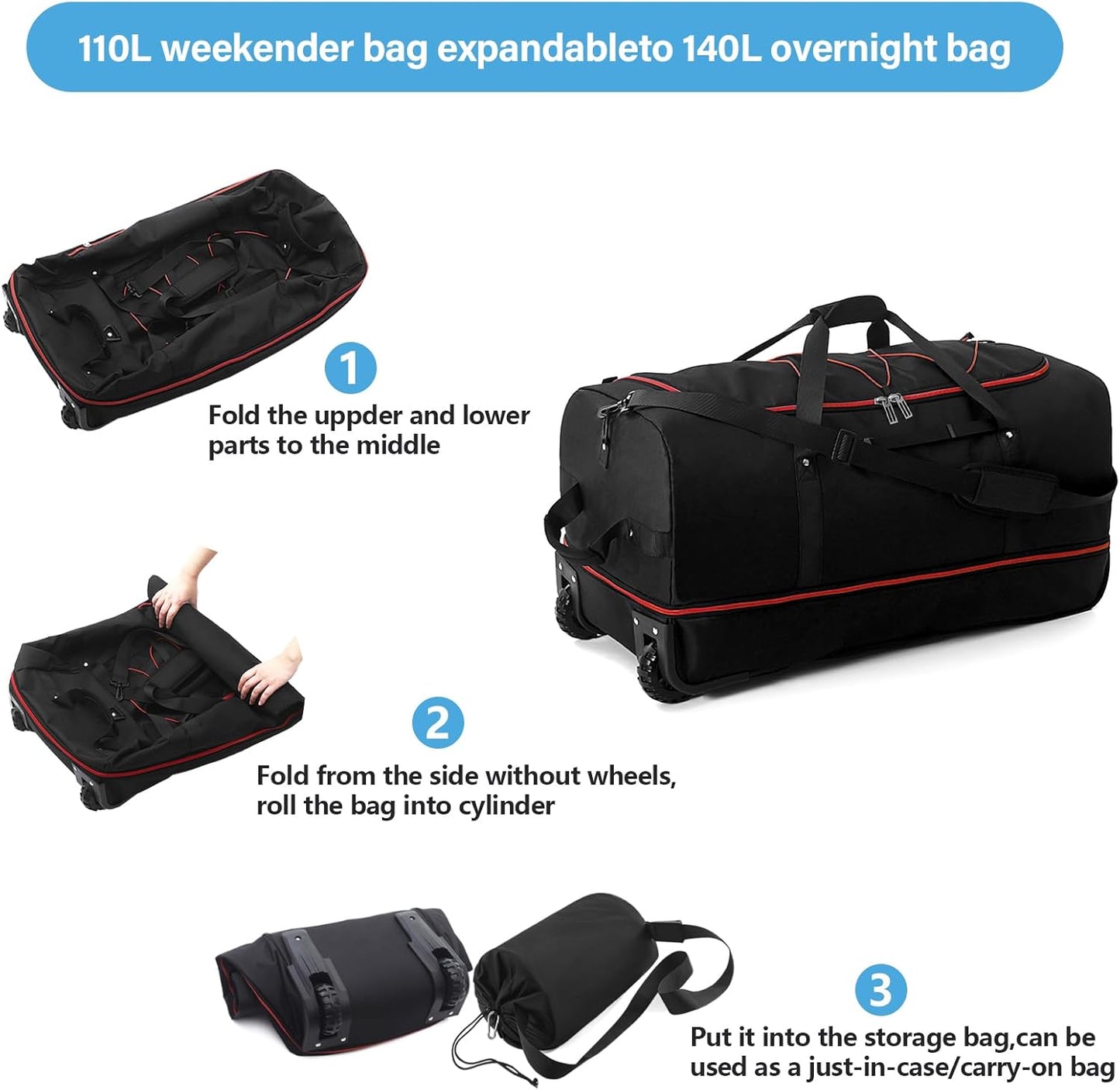 Vomgomfom Wheeled Collapsible Duffel Bag,110L-140L Expandable Checked Luggage, No-Telescopic-Handle with Anti-Burst Zipper & Reinforced Frame,Black-red - Roamly