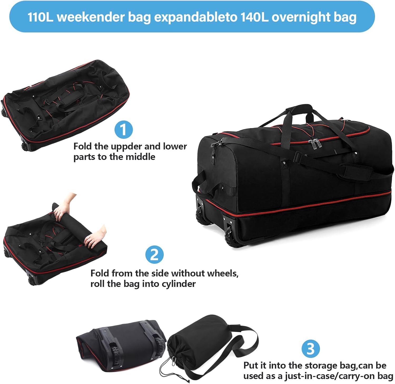 Vomgomfom Wheeled Collapsible Duffel Bag,110L-140L Expandable Checked Luggage, No-Telescopic-Handle with Anti-Burst Zipper & Reinforced Frame,Black-red - Roamly