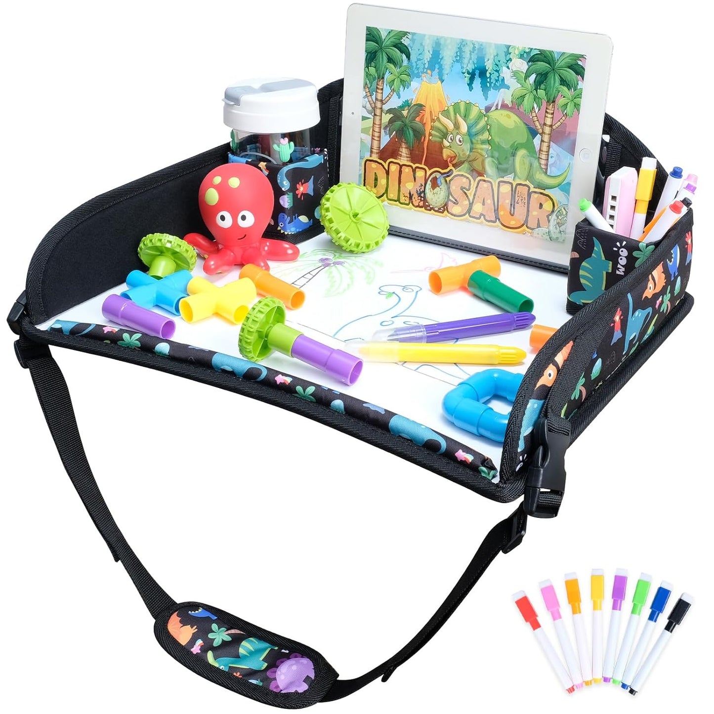 COOLBEBE Kids Travel Tray for Toddler Car Seat, Travel Tray for Airplane, Toddler Car Seat Lap Tray, Carseat Table Tray for Kids Travel Activities (Dinosaur)