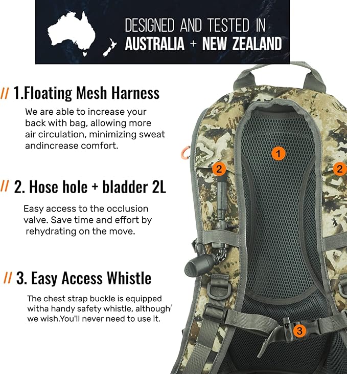 SPIKA Hunting Backpacks for Men, 25L Camo Hunting Day Pack with Water Bladder, Removable Waist Belt, Rifle Holder, Internal Ammo Storage and Rain Cover