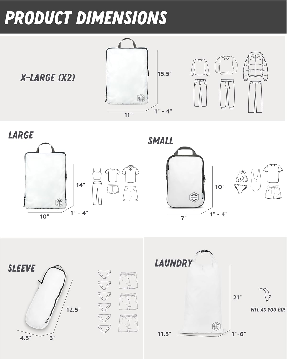 Large Compression Packing Cubes for Travel-Packing Cube Luggage Organizers 7 Piece Set for Checked Luggage-Ultralight, Expandable/Compression Bags by TRIPPED Travel Gear (White/Grey) - Roamly