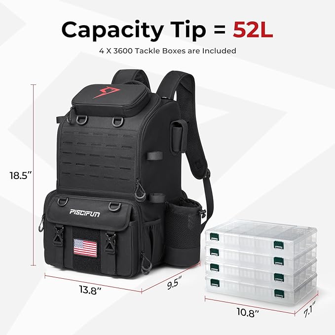 Piscifun 52L Fishing Tackle Backpack with Rod Holders & 4 Tackle Boxes, Large Tackle Bag for Gear Storage with Rain Cover