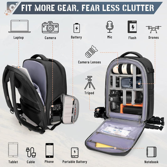 RAINSMORE Camera Backpack Hard Shell for DSLR/SLR Waterproof Camera Bag with Laptop Compartment 15.6 Inch Professional Camera Case with Rain Cover Photography Backpack Bag with Camera Lens Case Black