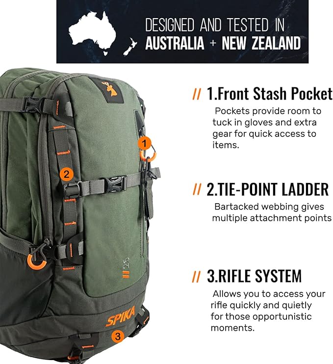 SPIKA Hunting Backpacks for Men, 25L Green Hunting Day Pack with Water Bladder, Removable Waist Belt, Rifle Holder, Internal Ammo Storage and Rain Cover