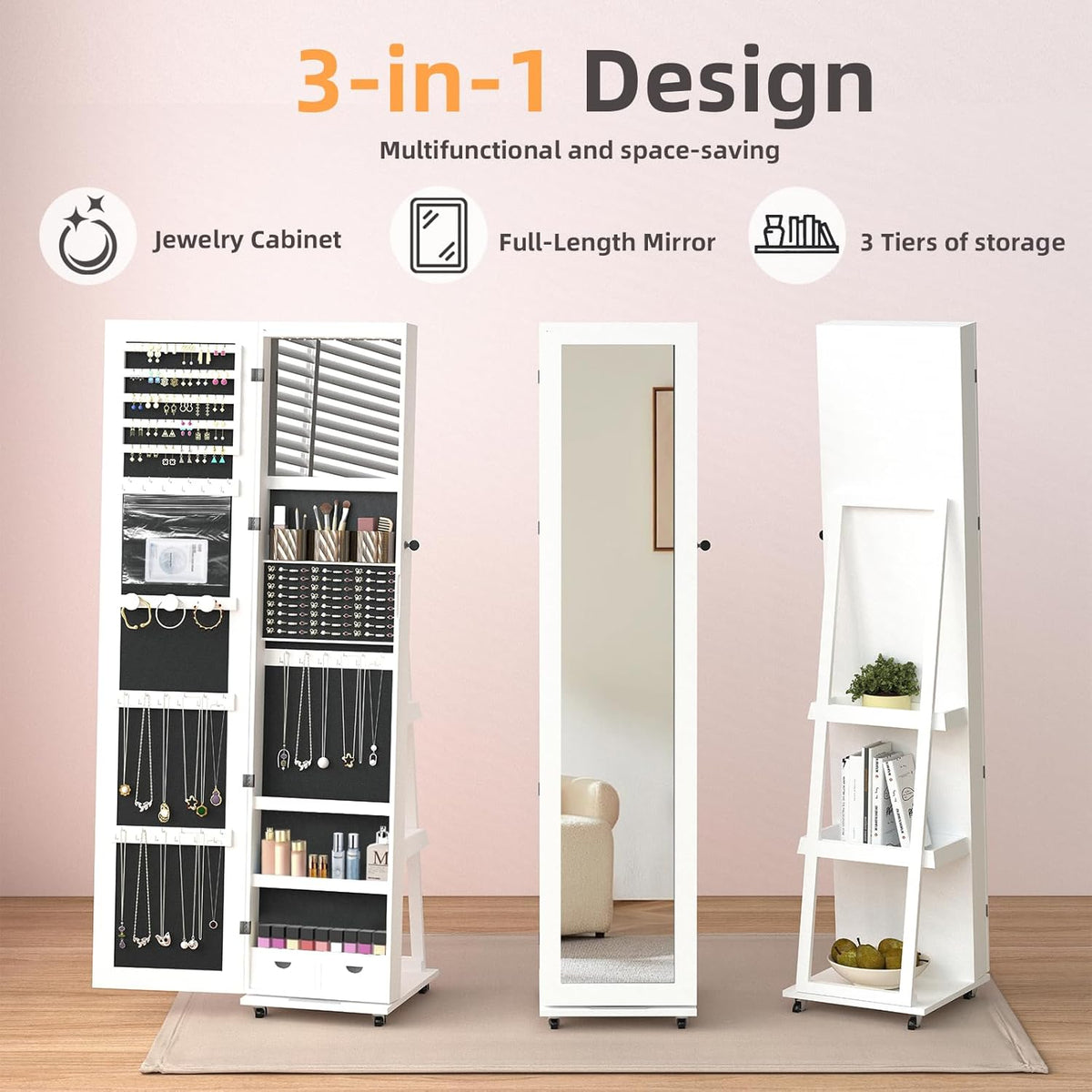 RQZ 360° Rotating Jewelry Organizer with Lights, 8 LEDs Jewelry Cabinet Armoire Standing, Lockable Jewelry Storage with Full-Length Mirror, 4 Storage Shelves, Interior Mirror(65.35" H)