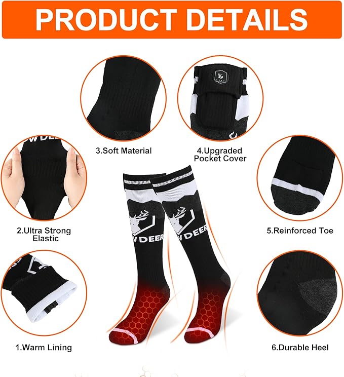 SNOW DEER Upgraded Rechargeable Electric Heated Socks，Ultimate Foot Warmer for Men & Women, Perfect for Skiing, Camping, Hiking, Motorcycling, &Outdoor Riding in Winter (S)