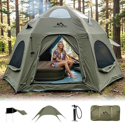 Inflatable Camping Tents 8-10 Person,129 Square Feets Large Inflatable Camping Tent with Stove Jack,Blow up Tent with Mesh Windows & Pump