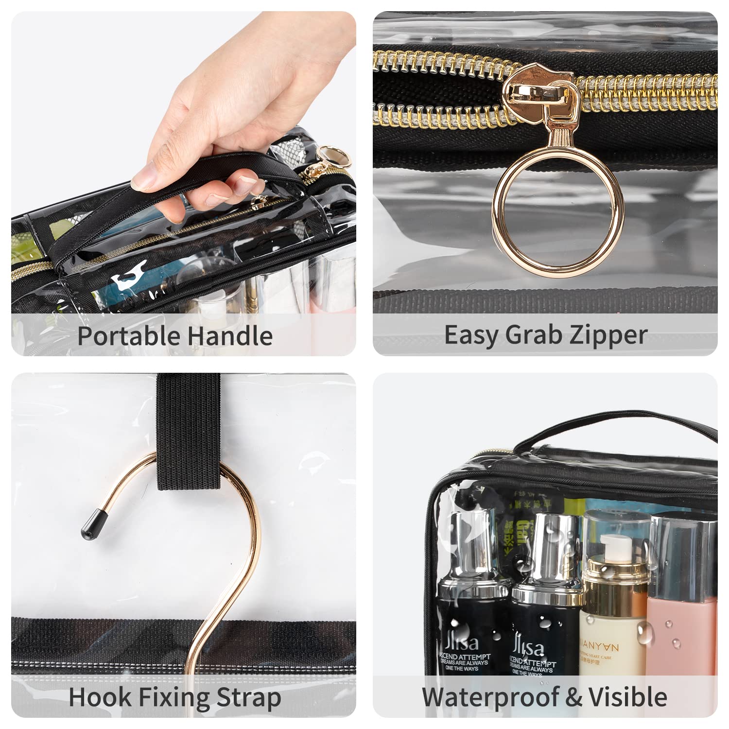 CUBETASTIC Hanging Toiletry Bag, Clear Makeup Bags for Travel Essentials TSA Approved Clear Bag Transparent Cosmetic Organizer Pouch for Women Men Portable Make Up Case with Handle - Roamly