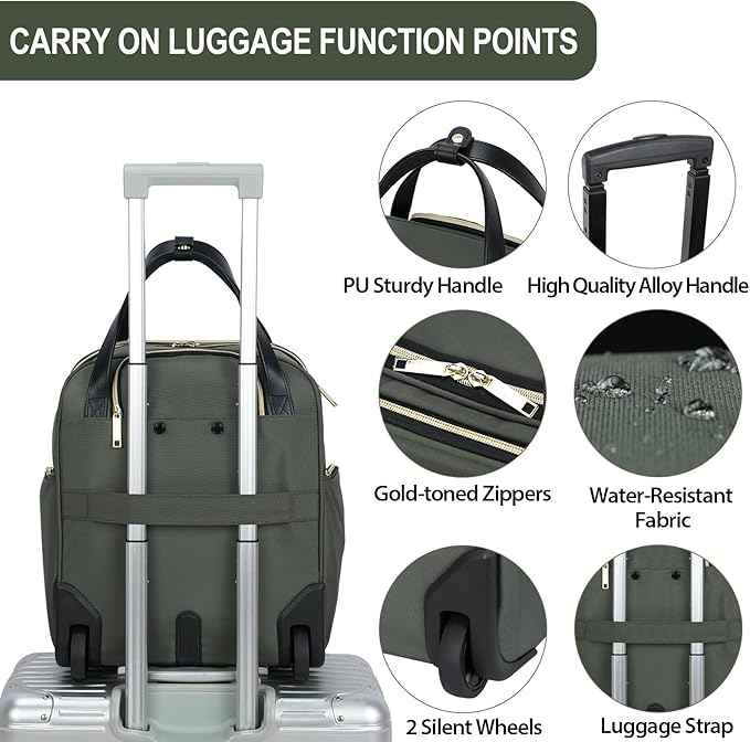 EMPSIGN Underseat Carry On Wheeled - 16" Carry on Bag with Wheels Multi-functional Lightweight Rolling Bag Overnight Weekender Small Suitcase for Women Men Travel Business, Army Green-Gold Zipper