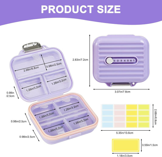 Travel Pill Organizer Box with Labels, 7 Compartments Portable Mini Pill Case, Daily Medication Organizer Storage Pill Container for Pocket Pharmacy(Purple, S)