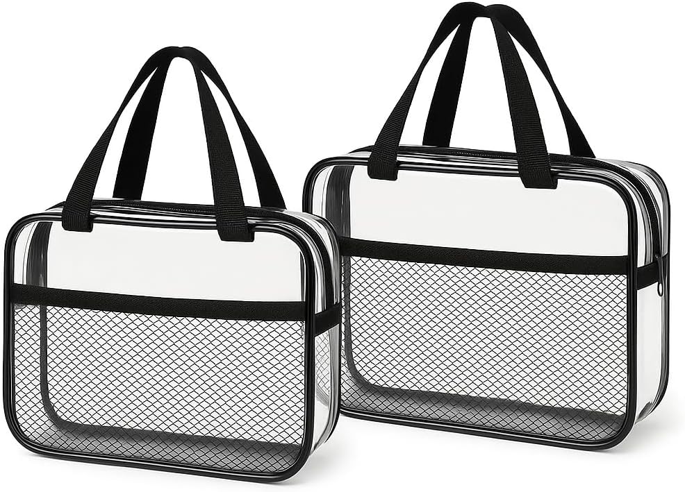 XEWEA 2PCS Middle TSA Approved Clear Travel Toiletry Bags for Men Women, Transparent Makeup Cosmetic Bag with Handle Zipper, Waterproof PVC Quart Organizer Pouch for Airport Airline Essential, Balck - Roamly