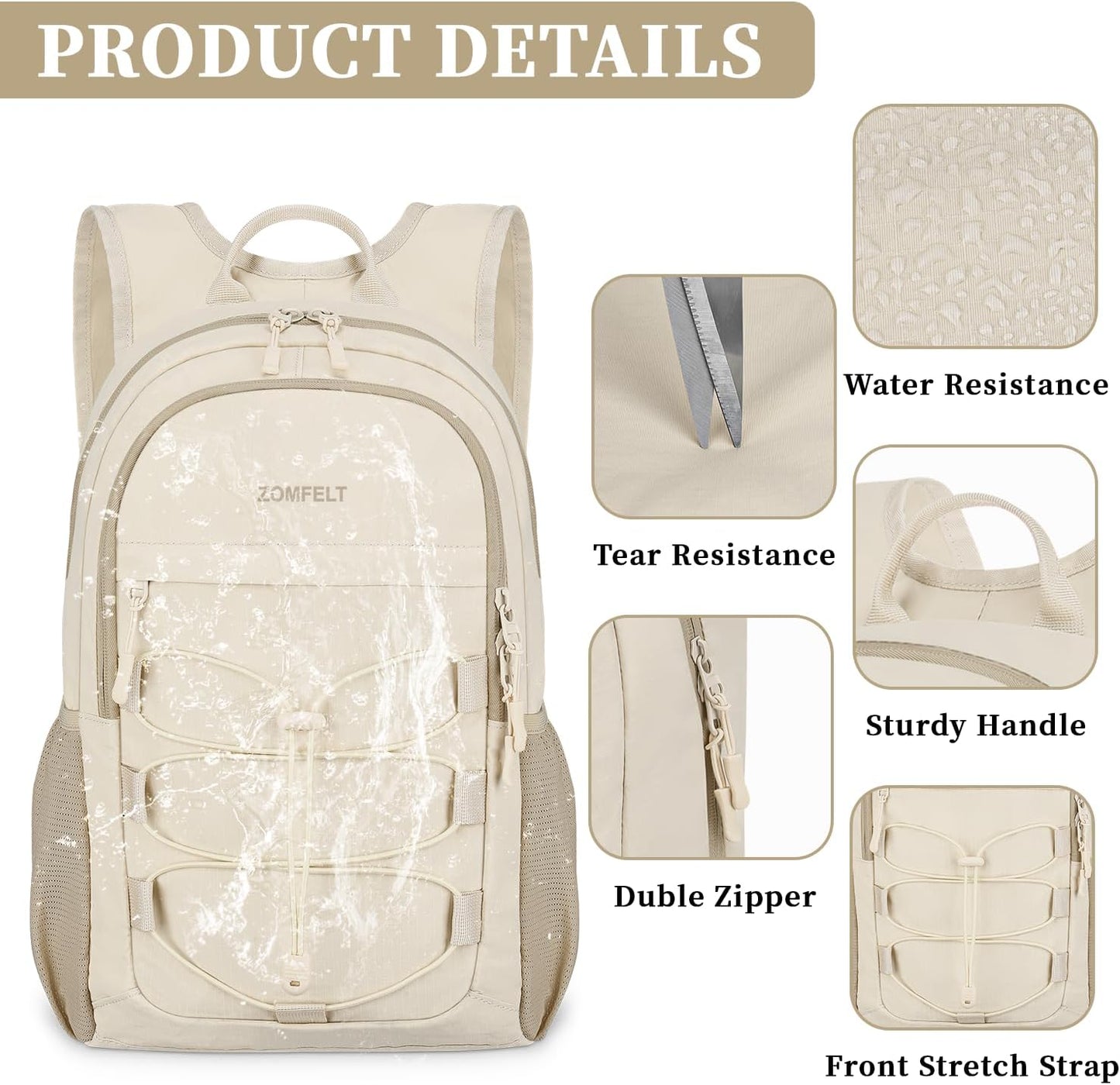 ZOMFELT Hiking Backpack for Women Men, 25L Lightweight Packable Backpacks for Trip, Water Resistant Small Travel Backpack, Foldable daypack for Hiking, Walking, Cycling, Camping, Beige - Roamly