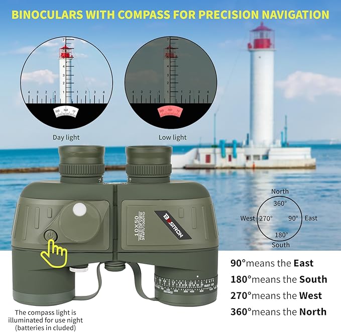 10X50 Waterproof Fogproof Military Marine Binoculars w/Internal Rangefinder & Compass, Marine Binoculars for Adults with BAK4 Prism FMC Lens for Navigation Bird Watching Hunting
