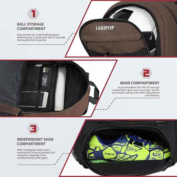 LARIPOP Soccer Backpack Soccer Bag with Ball Holder & Shoe Compartment Youth Sports Equipment Training Bag
