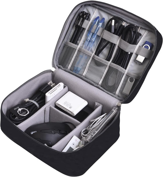 Cable Organizer bag for women or men,Electronic Accessories Carry Case Portable Waterproof Double Layers All-in-One Storage Bag for Cord, Charger, Phone, Earphone (Black)