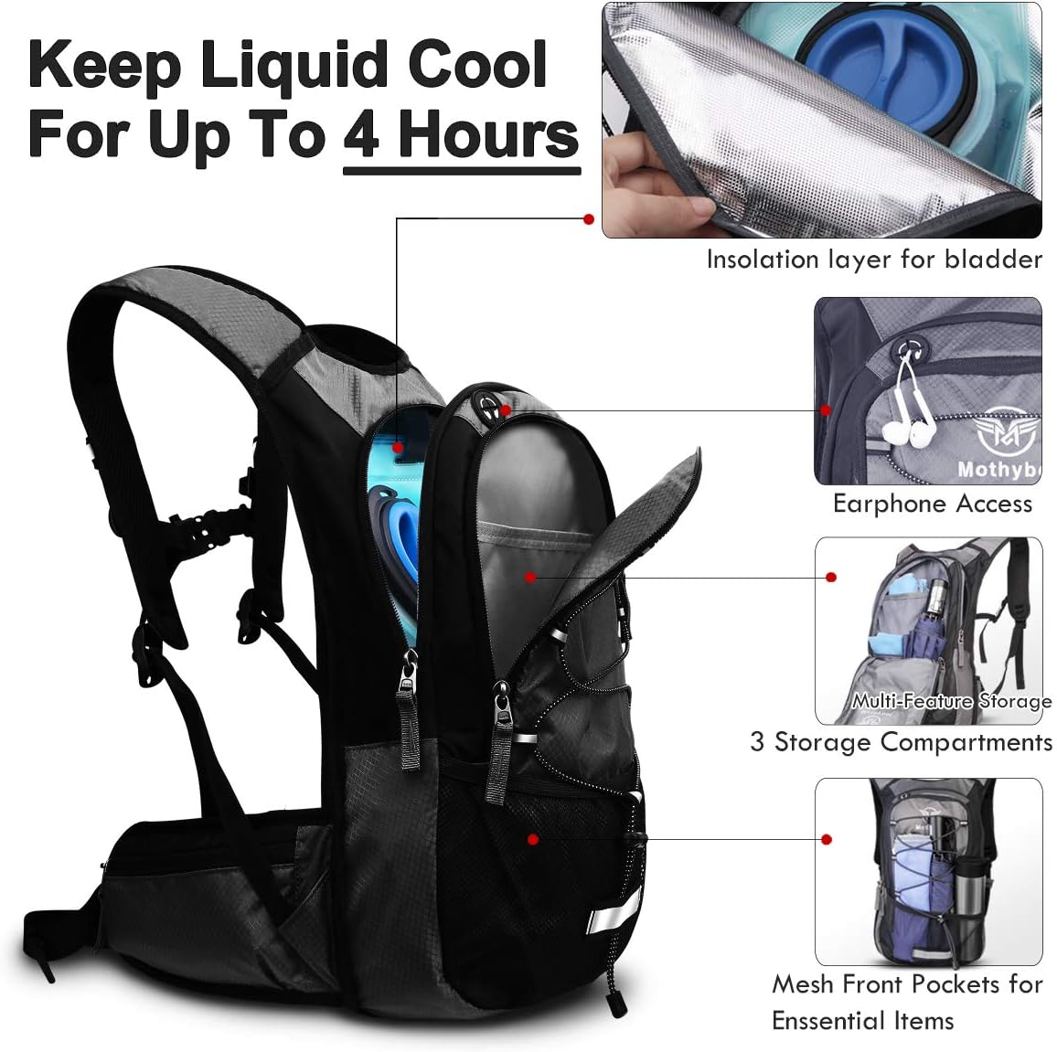 Insulated Hydration Backpack Pack with 3L BPA Free Leak Proof Water Bladder, Large Storage Lightweight Hiking Daypack with Waist Pouches & Cooler Layer, for Running, Biking, Camping, Festival - Roamly