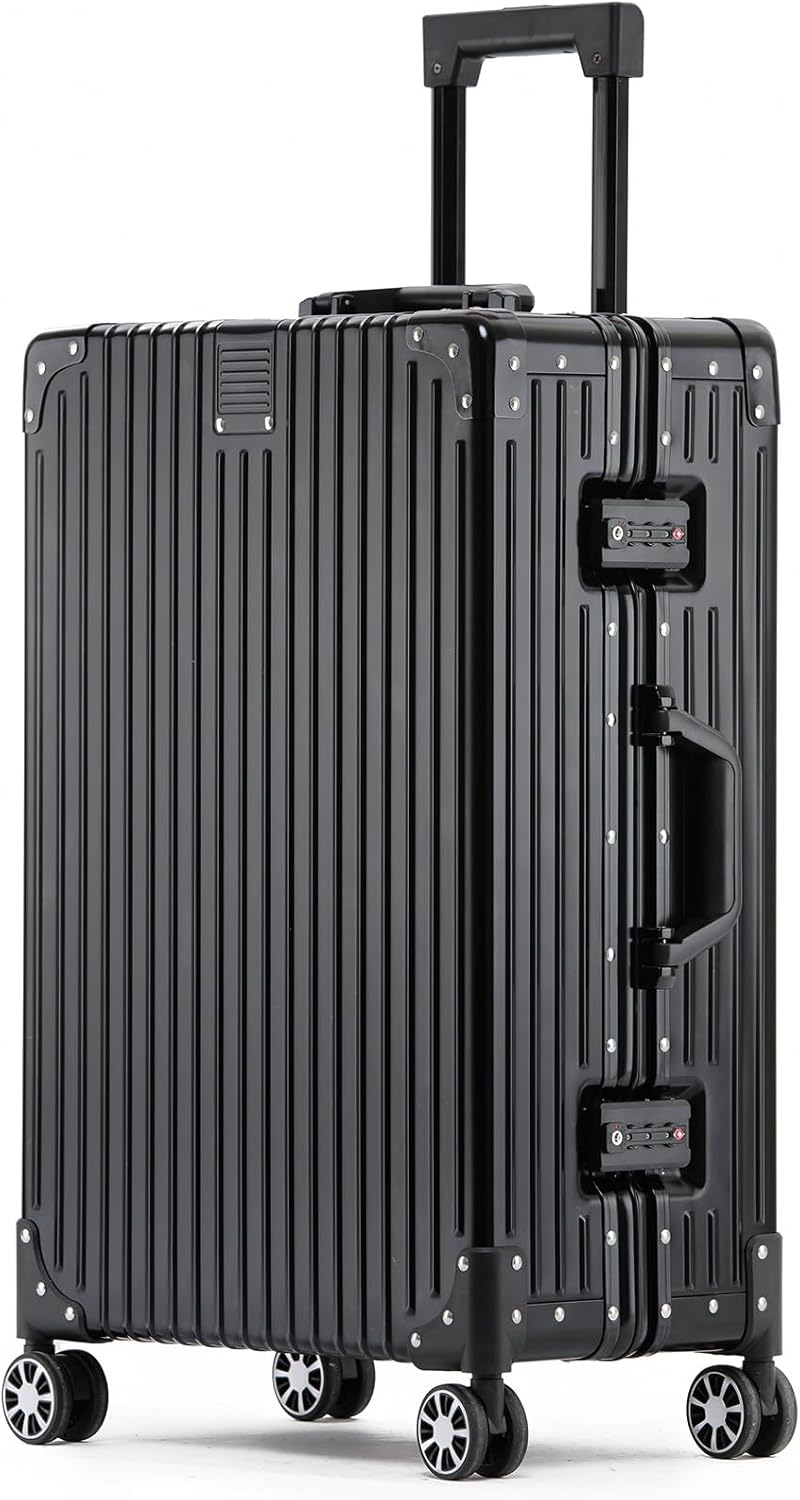 Metal All Aluminum Carry-on Luggage TSA Customs Lock Zipperless Silent Rotary Wheel Business Suitcase Aluminum Frame Set (black, 20 '')