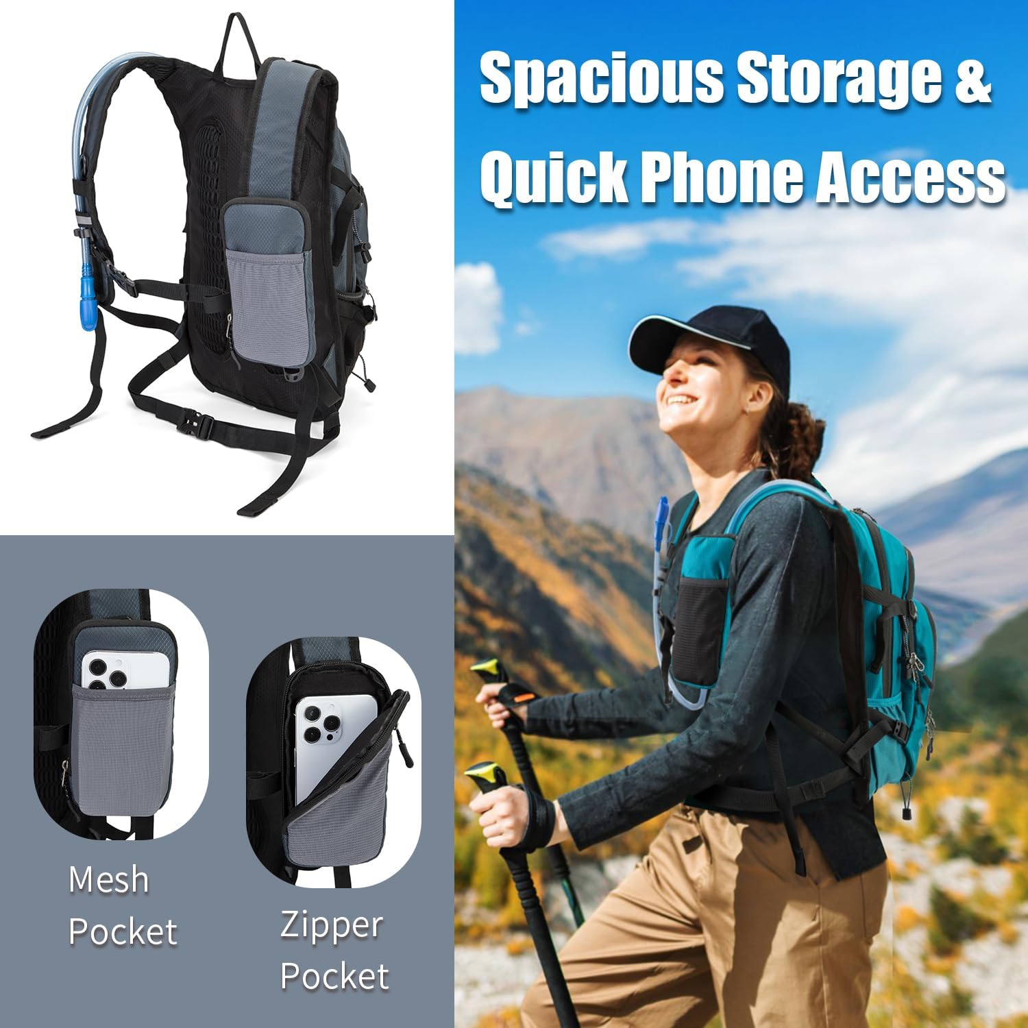 Hydration Backpack Pack with 2L Water Bladder 18L Hiking Backpack Women Men Lightweight Hydropack Insulated Daypack for Biking, Running, Festival - Roamly
