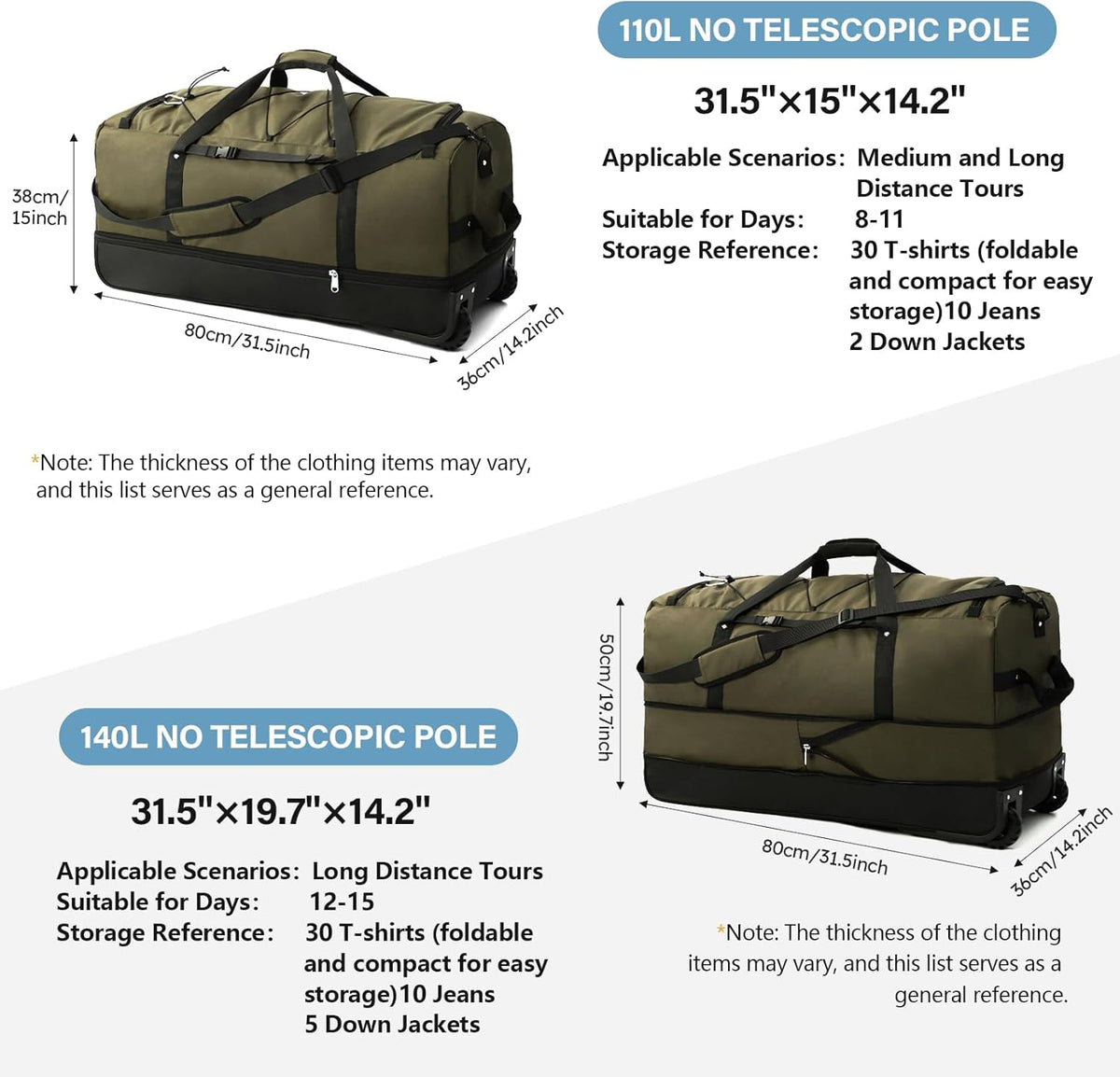 Rolling Duffle Bag with Wheels,110L/140L Expandable Soft-Sided Foldable Duffle Bag with 2 Rubber Wheels,Packable 32” Rolling Carry-On with Multi-Pockets & Compartments (Green) - Roamly