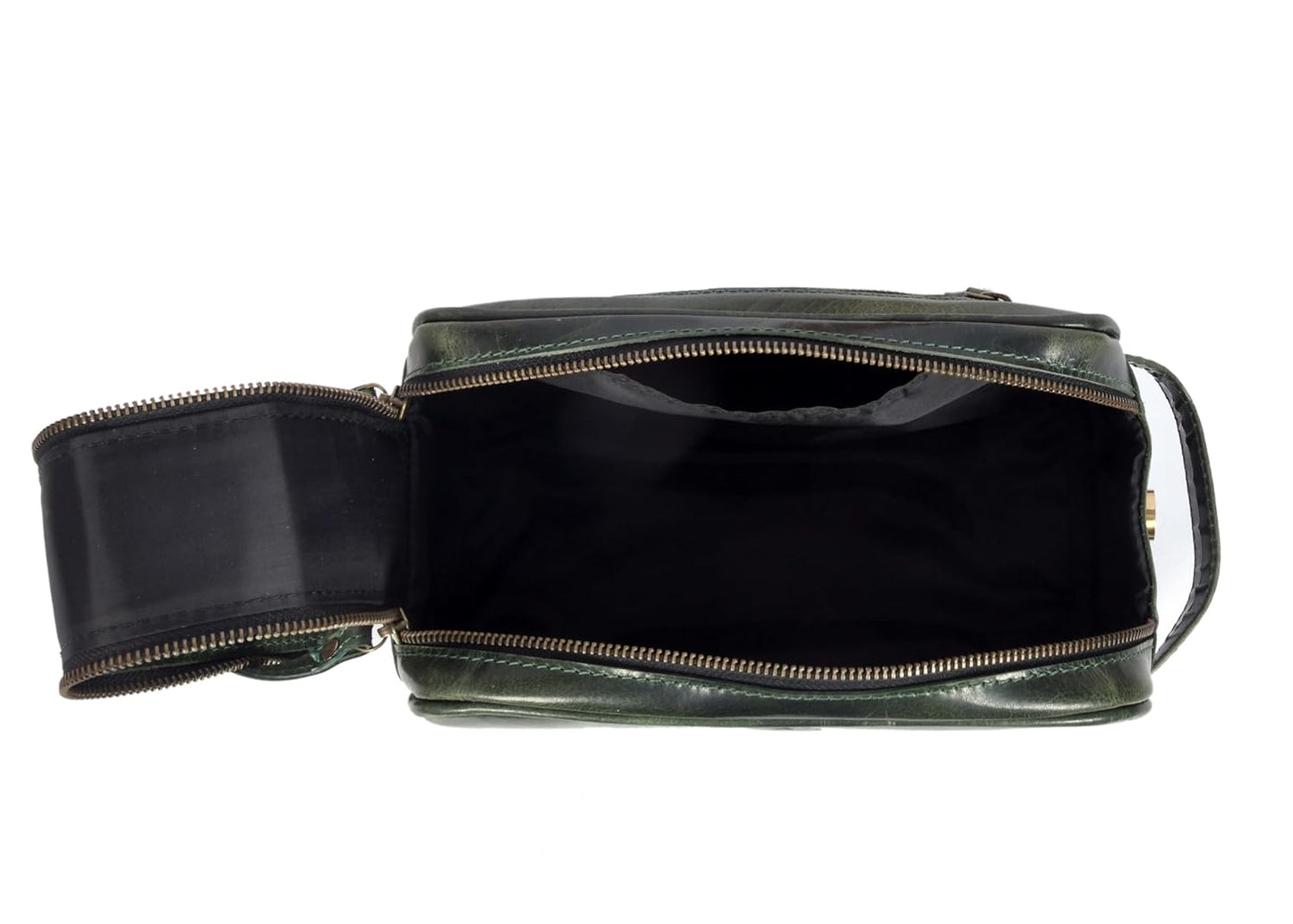 10" Premium Leather Toiletry Travel Pouch With Waterproof Lining | King-Size Handcrafted Vintage Dopp kit By Aaron Leather Goods (Seaweed Green) - Roamly