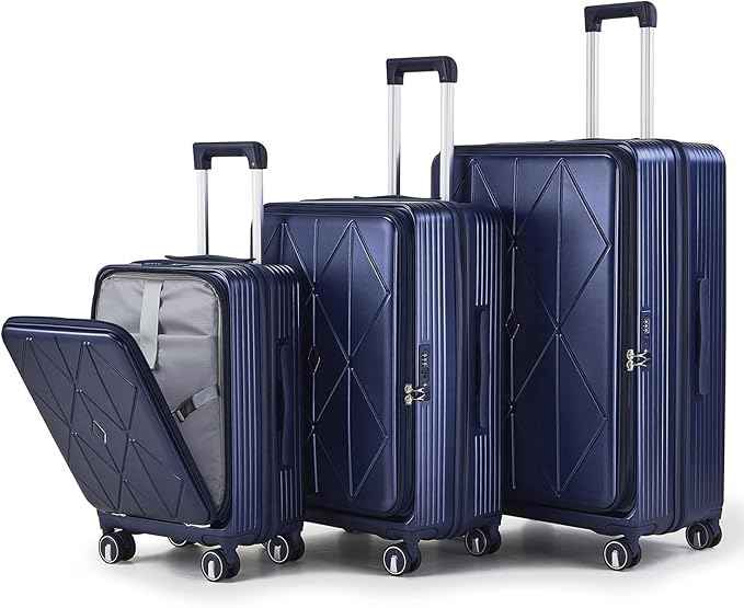 3 Piece Luggage Set 100% PC Hardshell, Front Opening Expandable Suitcase (20/24/28) with Laptop Compartment & Free Custom PVC Covers, Lightweight Spinner Wheels TSA Lock (Navy Blue)