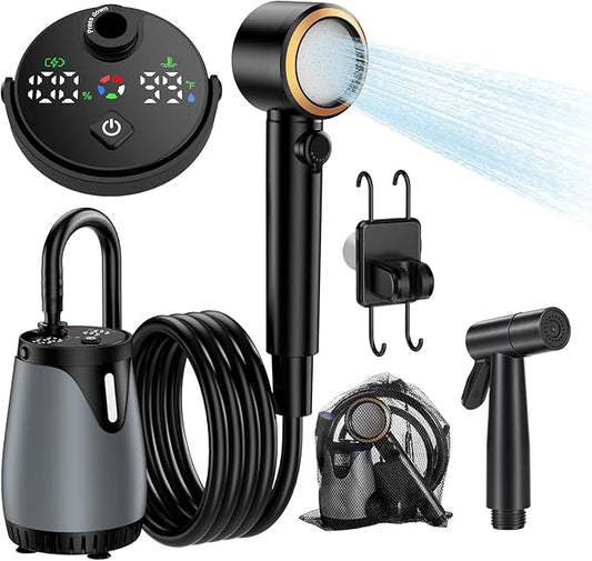 New Gen Portable Camping Shower, Long-Lasting 6000mAh Rechargeable Camp Shower with Shower Head & Sprayer,Upgraded Pressure,5 Spray Modes,IPX8 Waterproof Outdoor Camp Pump for Hiking, Travel, Car, Pet