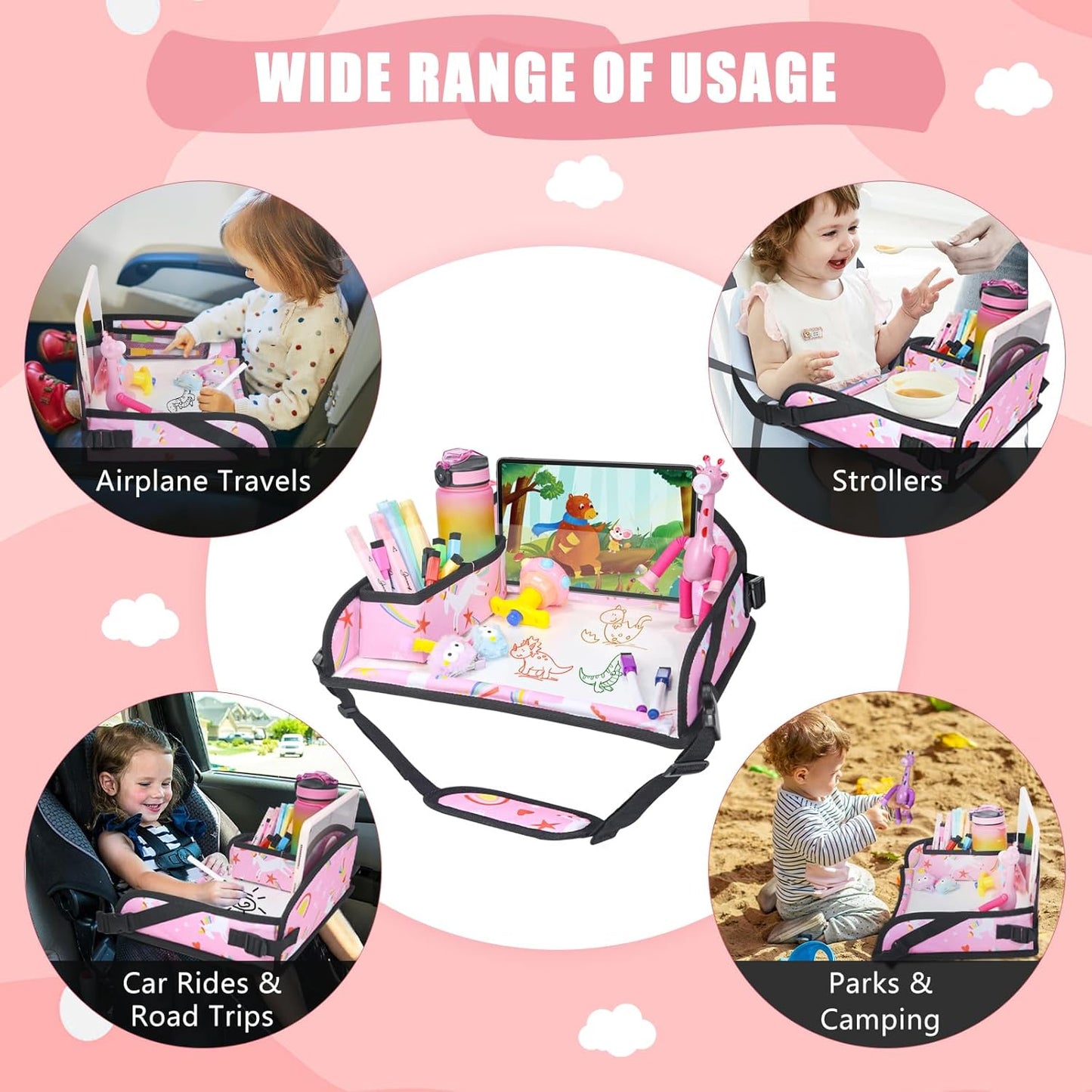 Upgraded Kids Travel Tray for Car Seat - Travel Tray for Airplane, Table Tray for Kids Travel Essentials, Toddler Lap Tray, Carseat Lap Desk for Kids Road Trip Activities, Pink Unicorn - 2 PCS