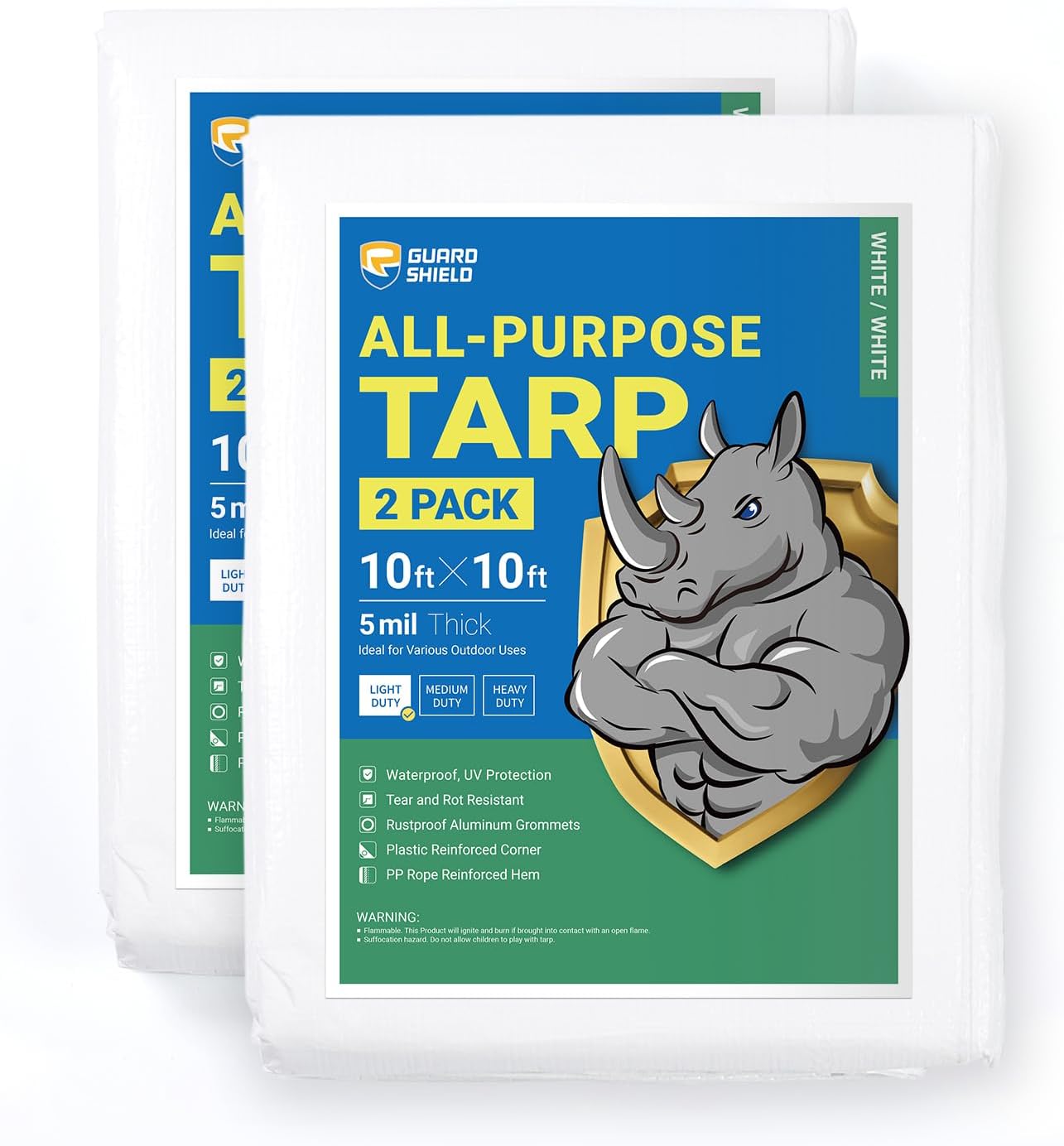 GUARD SHIELD Tarp White 10x10 Feet Multi Purpose Waterproof Poly Tarp Cover 5mil (2-Pack)