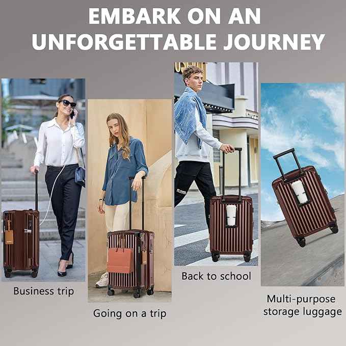 Joyway 20in Carry On Luggage with Cup Holder and USB Port, 25% Expandable Capacity, Smart Suitcase Set with Anti Slip Wheels and Handbag, Perfect for Men and Women (Coffee, Carry-On 20-Inch Handbag)