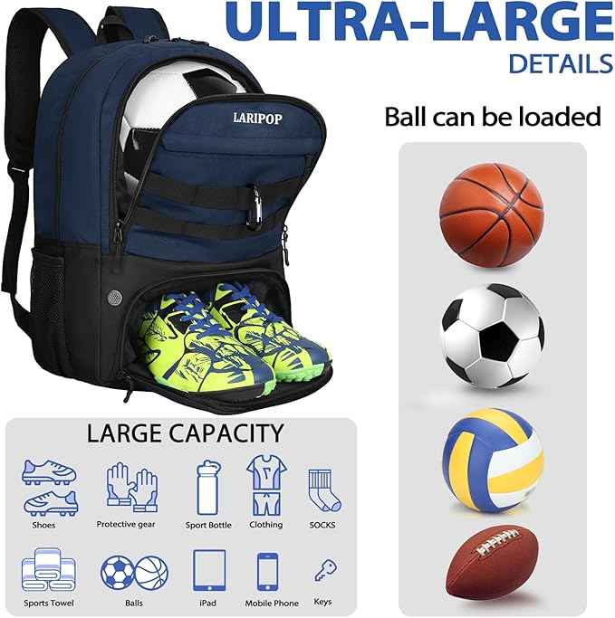 LARIPOP Soccer Backpack Soccer Bag with Ball Holder & Shoe Compartment Youth Sports Equipment Training Bag