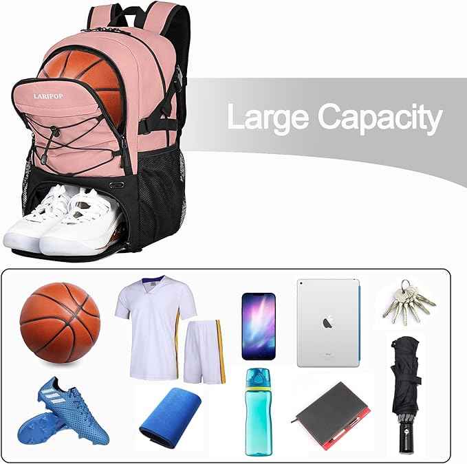 LARIPOP Basketball Bag, Sports Backpack with Ball Holder & Shoe Compartment, Water Resistant Gym Bag for Soccer Volleyball Travel