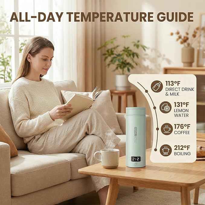 Portable Electric Kettle forTravel, Small Hot Water Kettle with NTC Temperature Control and Auto Shut-Off, 316 Stainless Steel, Green 120V & 15oz