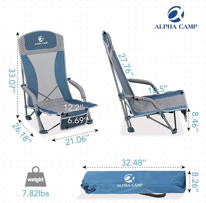 ALPHA CAMP Low Beach Camping Folding Chair, High Mesh Back Ultralight Backpacking Chair with Carry Bag for Adults Compact & Heavy Duty Outdoor, Camping, BBQ, Beach, Travel, Picnic, Festival, 2 Pack