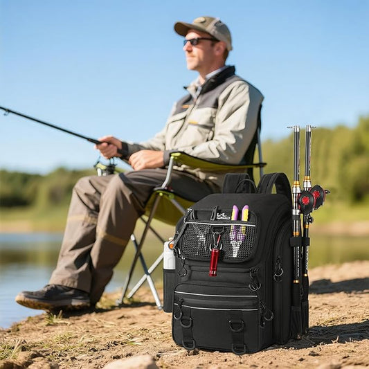 MoKo Fishing Backpack Bag, Large 40L Tackle Backpack with Rod Holders & Bait Binder Storage Fishing Gear and Equipment for Hiking Camping, Gifts for Men Father, Black