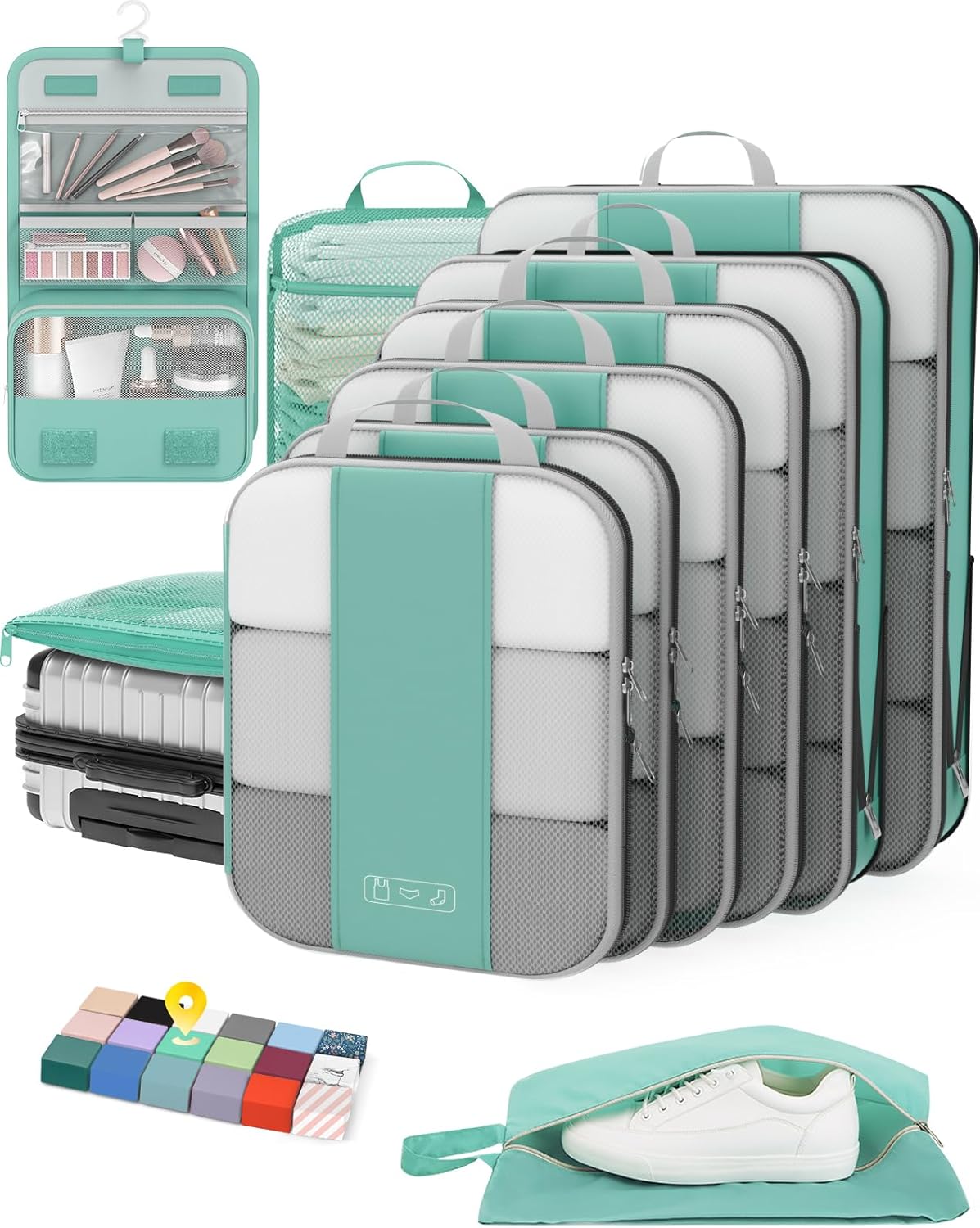 10 Set Compression Packing Cubes for Travel Essentials,Compressible Expandable Packing Cubes for Suitcase,OlarHike Luggage Organizer Bags for Travel,Handy Helper for Organizing Clothes(New Blue Green) - Roamly