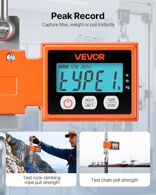 VEVOR Digital Crane Scale, 1100 lbs/500 kg Max Capacity, Heavy Duty Industrial Hanging Scale with Cast Aluminum Case & LCD Display, 0.2 lbs Division & 3 Unit Switch, Auto-Off Setting for Garage