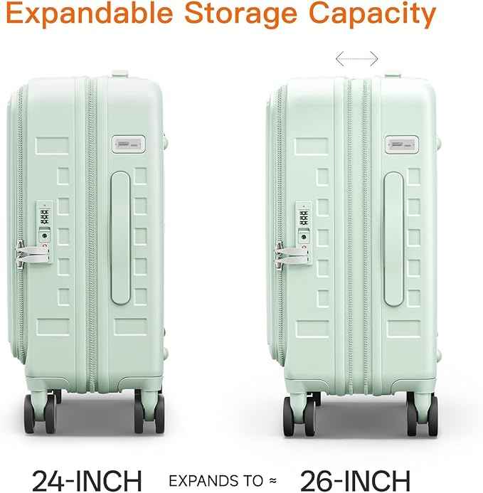 Expandable Lightweight PC Hard Shell Suitcase, 24-inch Luggage with TSA Lock, Top Opening & Cup Holder - Ideal for Business Travel Suitcase (Mint Green, Checked-Medium 24-Inch)