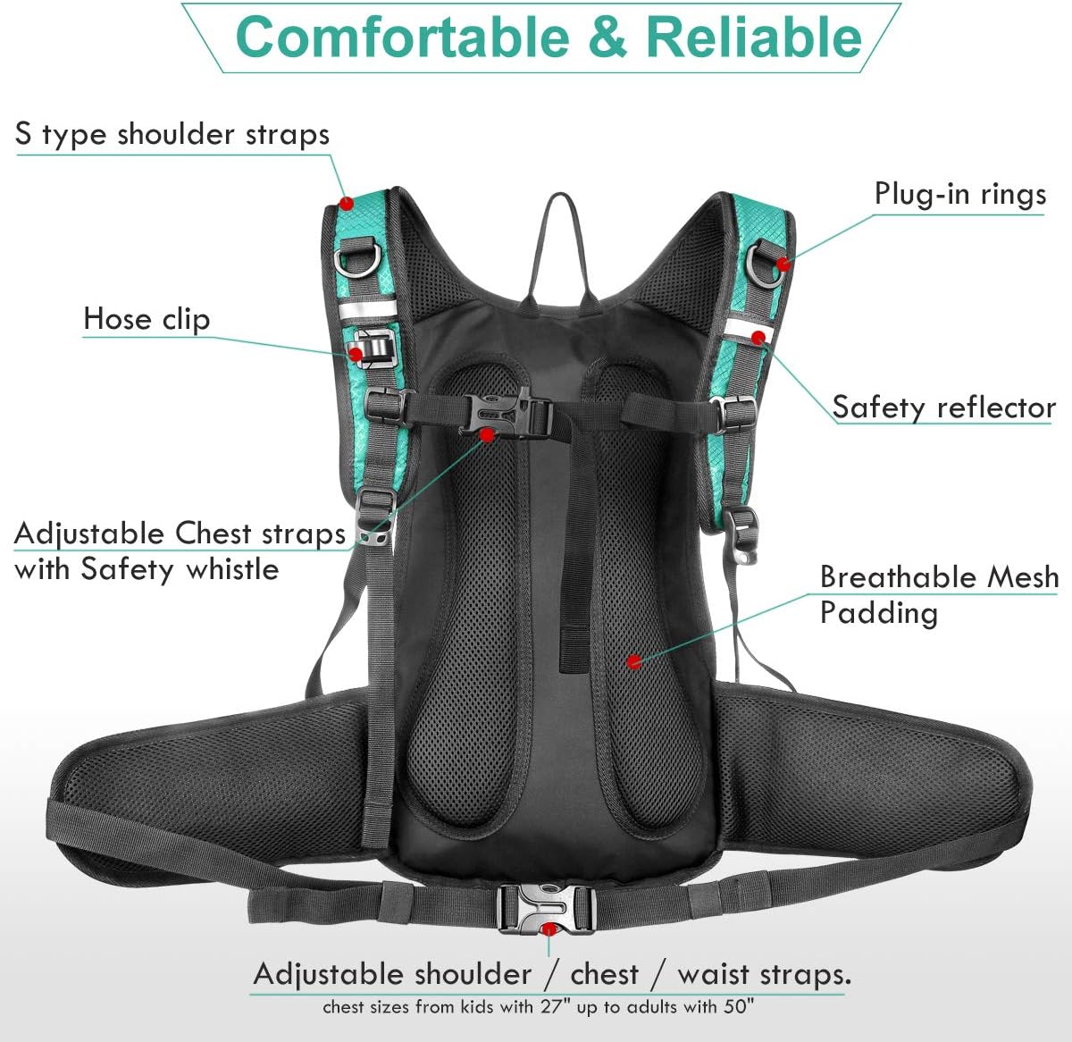 Insulated Hydration Backpack Pack with 3L BPA Free Leak Proof Water Bladder, Large Storage Lightweight Hiking Daypack with Waist Pouches & Cooler Layer, for Running, Biking, Camping, Festival - Roamly