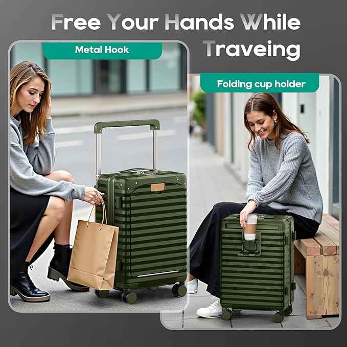 Joyway 20 Inch Carry on Luggage with Front Pocket, PC Hardshell Carry-on Suitcase with USB Port and Cup Holder, 21.5x14.2x9 Airline Approved, Luggage with Spinner Wheels and TSA Lock(Dark Green)