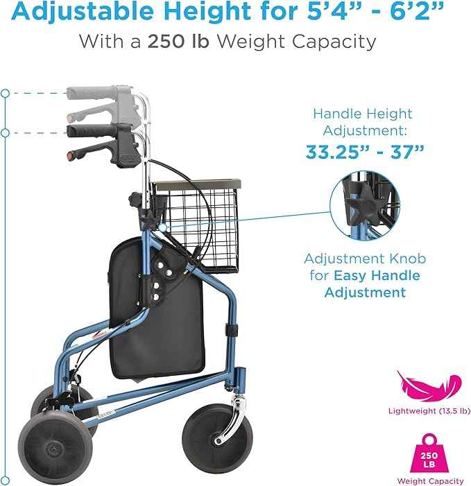 NOVA Traveler Folding 3-Wheel Walker with Tray, Basket, Pouch & Cup Holder, Lightweight Mobility Aid for Seniors & Adults, 8” All-Terrain Wheels for Tight Spaces & Travel, Blue