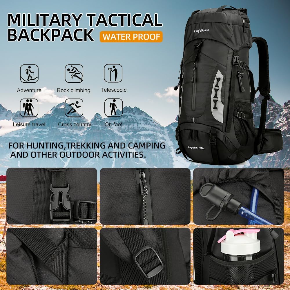 King'sGuard 60L Hiking Backpack Lightweight Camping Backpack with Rain Cover Large Waterproof Packable Outdoor Trekking Travel Backpack for Men Women (Black) - Roamly