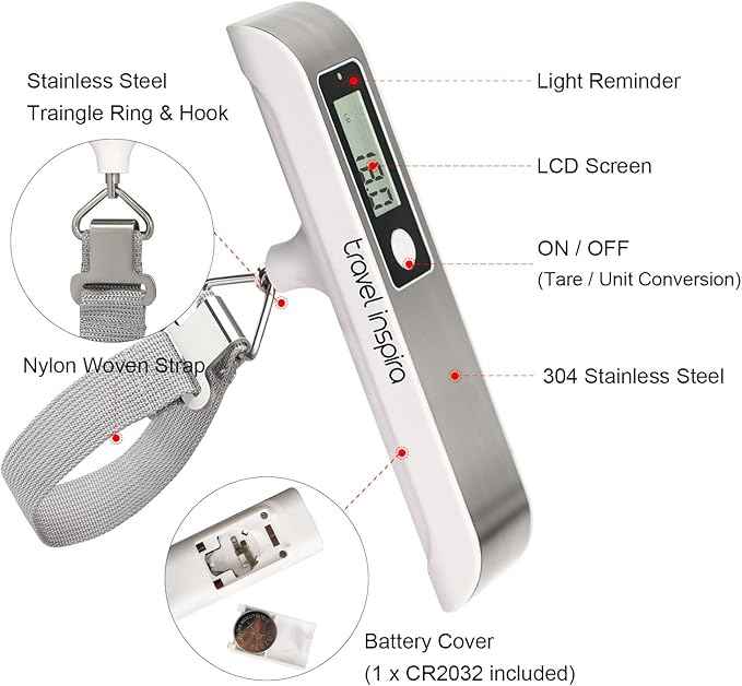 travel inspira Luggage Scale, Portable Digital Hanging Baggage Scale for Travel, Suitcase Weight Scale with Rubber Paint, 110 Pounds, Battery Included