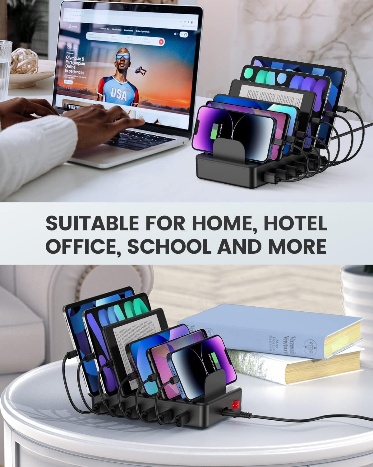 CREATIVE DESIGN 50W 6 Ports Multi Charger Station with 6 Charging Cables, USB Charging Dock for Multiple Devices, Compatible with Cellphone iPad Kindle Tablet and Other Electronic Devices