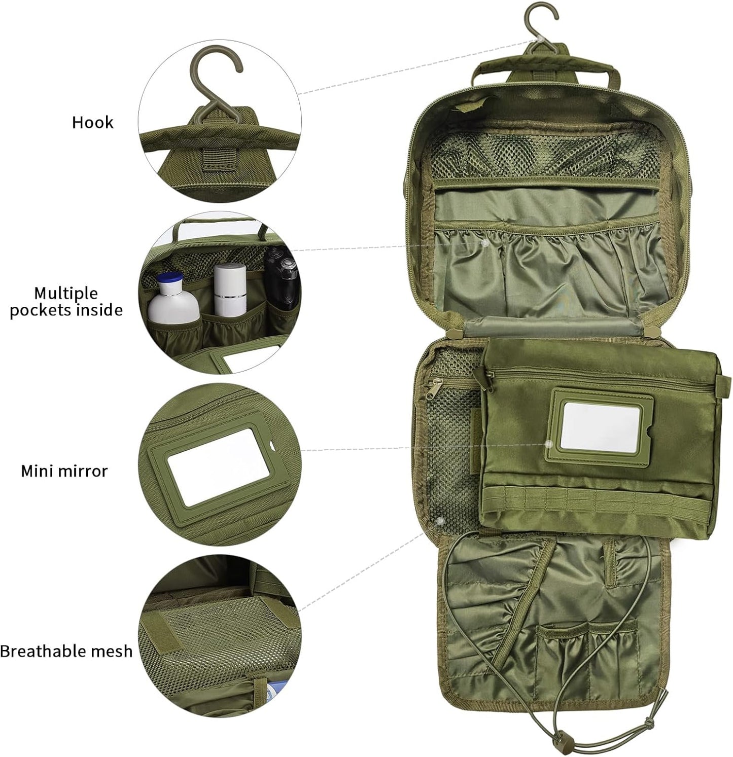 Travel Toiletry Bag for Men, Hanging Toiletry Bag, Portable Organizer Dopp Kit Shaving Bag for Toiletries Tactical Accessories Essentials - Army Green - Roamly